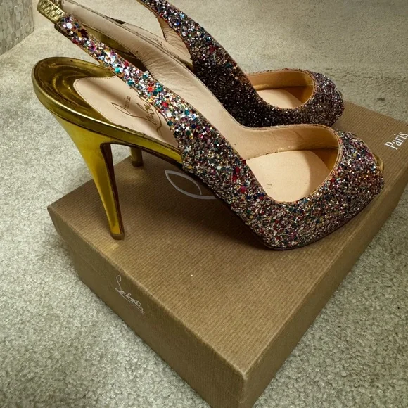 Christian Louboutin Multicolor Glitter Peep-Toe Slingback Heels - Picture 6 of 9